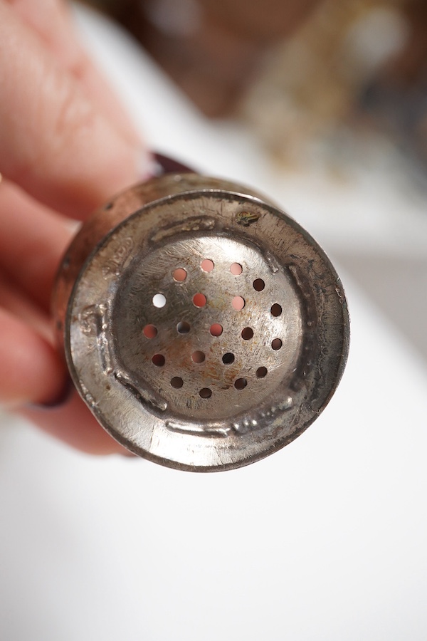 Sundry small silver including a George V mounted glass match strike, golf club condiment spoon and a Scottish silver mounted cork stopper. Condition - fair